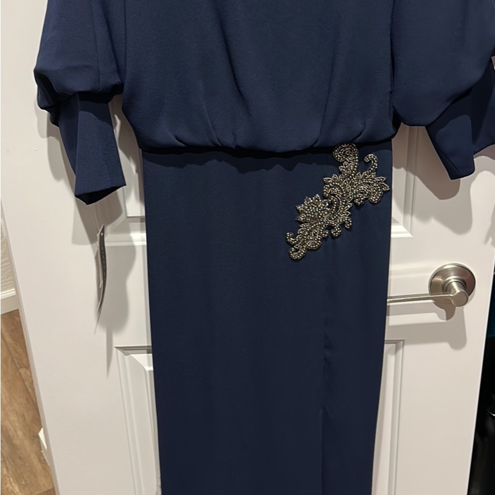 Navy blue Aidan mattox  dress with silver bearing
